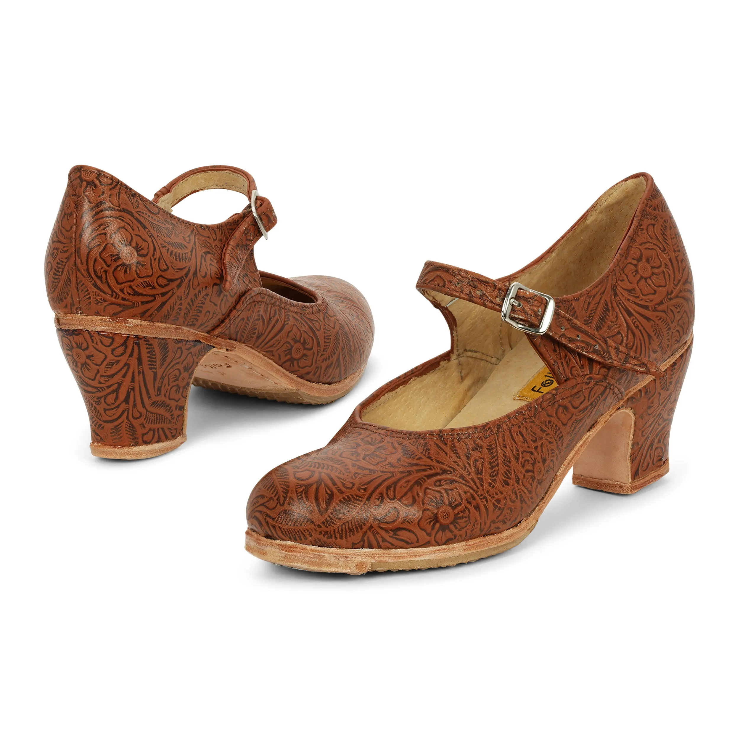 Folkicks Women's Folklorico Shoes with Nails, Leather, Floral Embossed Leather, 6cm Heel