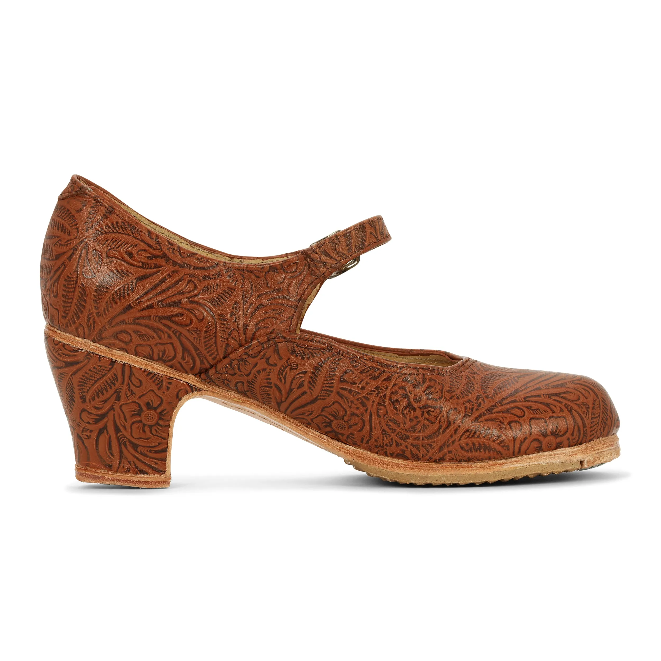 Folkicks Women's Folklorico Shoes with Nails, Leather, Floral Embossed Leather, 6cm Heel