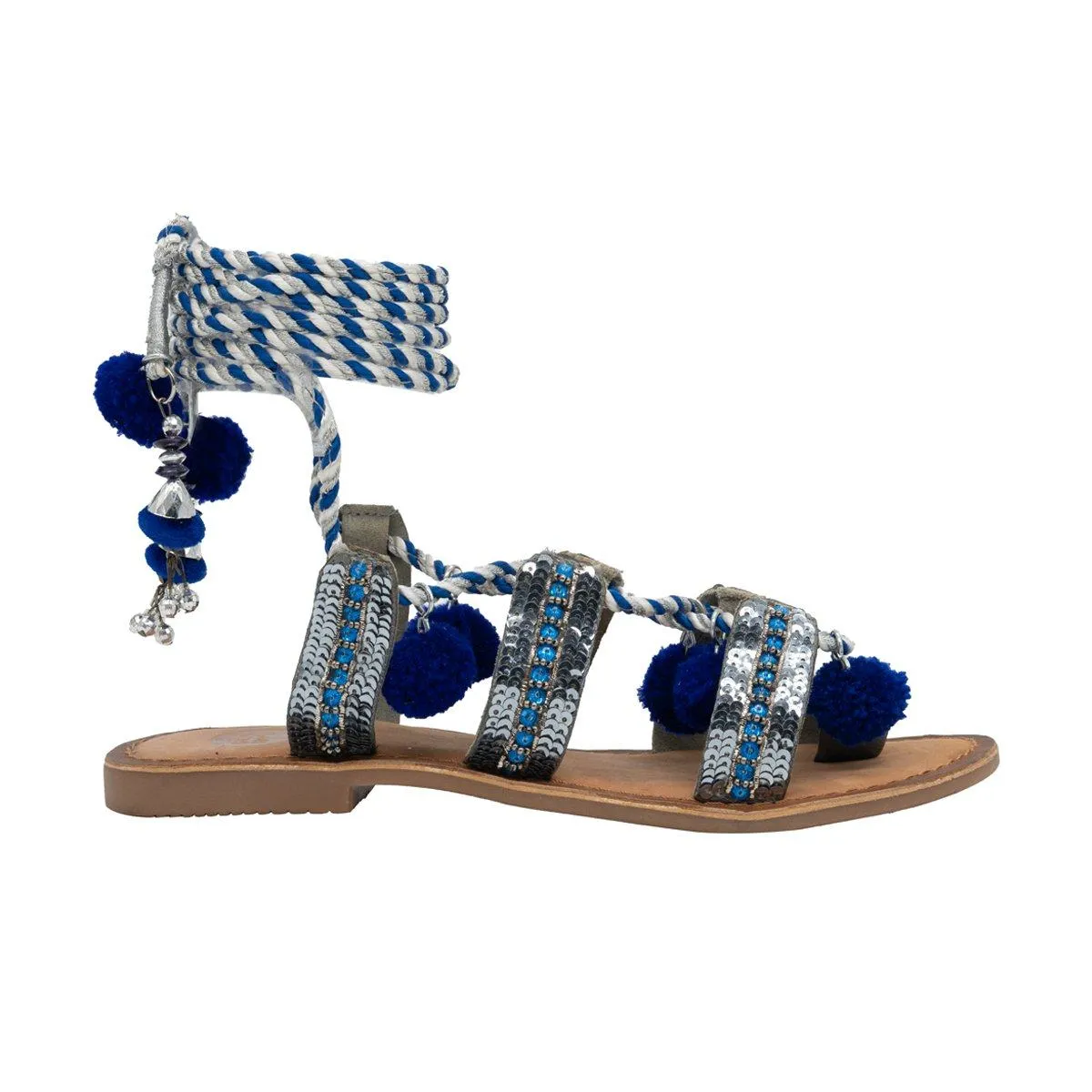 Gioseppo Beaded Flat Sandals Fabric Silver Colour For Women