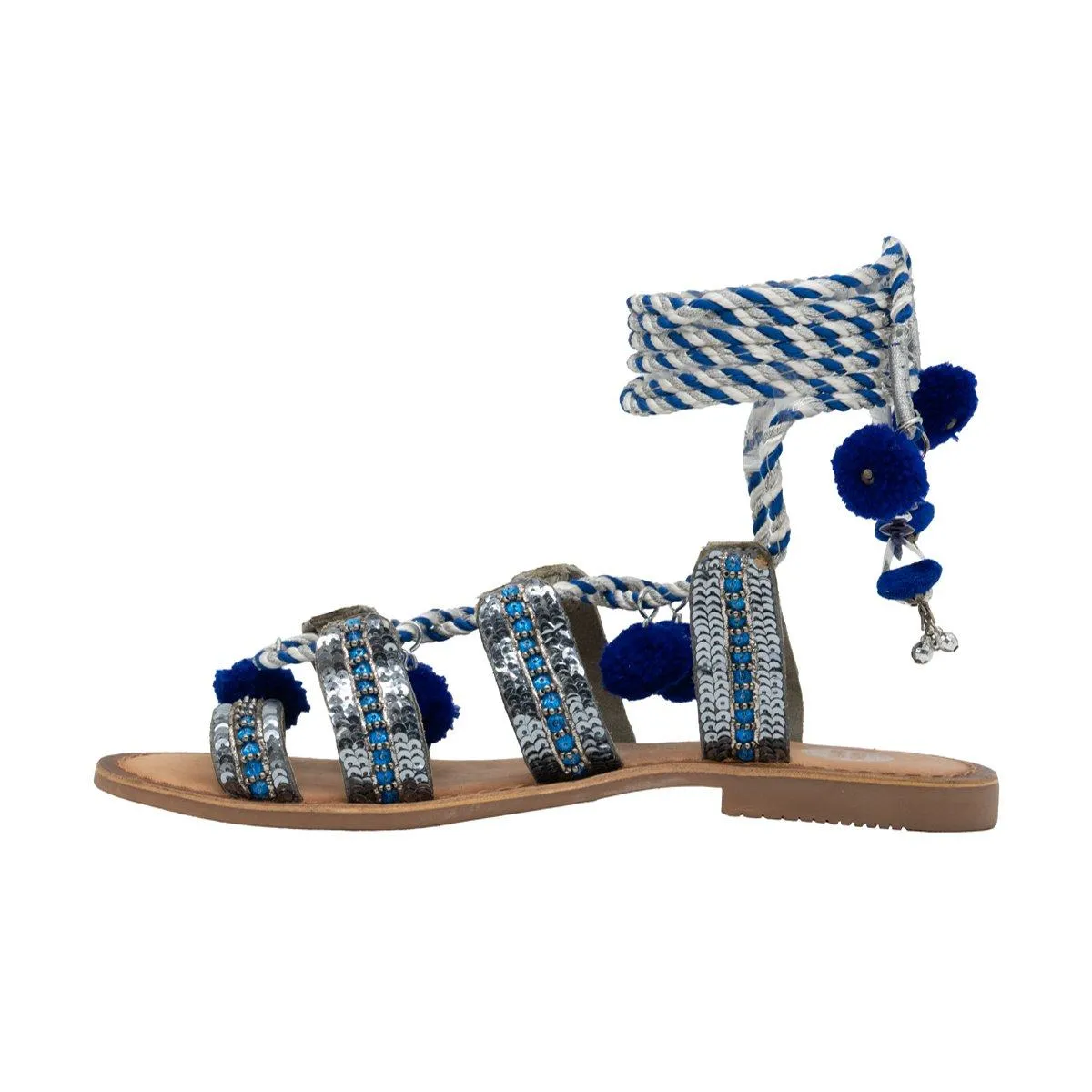 Gioseppo Beaded Flat Sandals Fabric Silver Colour For Women