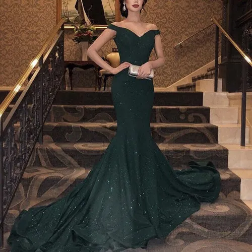 Gorgeous Green Sparkly Mermaid V Neck Long Prom Dress with Sweep Train, M298