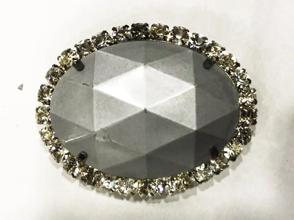 Gray Oval Plastic Stone with Crystal Frame (42x45 mm)