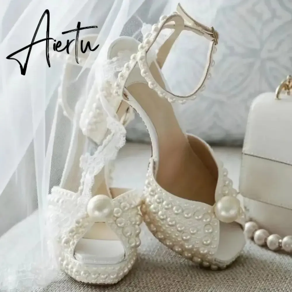 Handmade Beaded Thick Heel Fish Mouth Sandals 35-41 High Heel Waterproof Platform Women's Shoes Wedding Dress Luxury Pearl