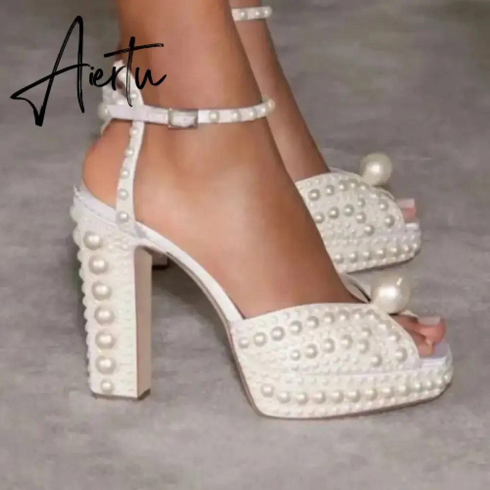 Handmade Beaded Thick Heel Fish Mouth Sandals 35-41 High Heel Waterproof Platform Women's Shoes Wedding Dress Luxury Pearl