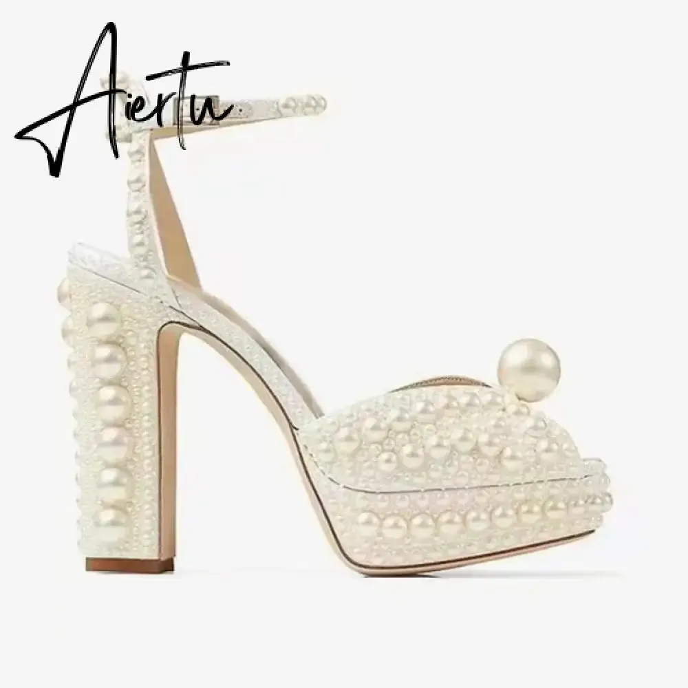 Handmade Beaded Thick Heel Fish Mouth Sandals 35-41 High Heel Waterproof Platform Women's Shoes Wedding Dress Luxury Pearl