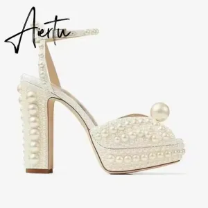 Handmade Beaded Thick Heel Fish Mouth Sandals 35-41 High Heel Waterproof Platform Women's Shoes Wedding Dress Luxury Pearl