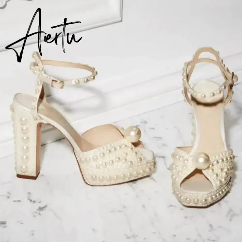 Handmade Beaded Thick Heel Fish Mouth Sandals 35-41 High Heel Waterproof Platform Women's Shoes Wedding Dress Luxury Pearl