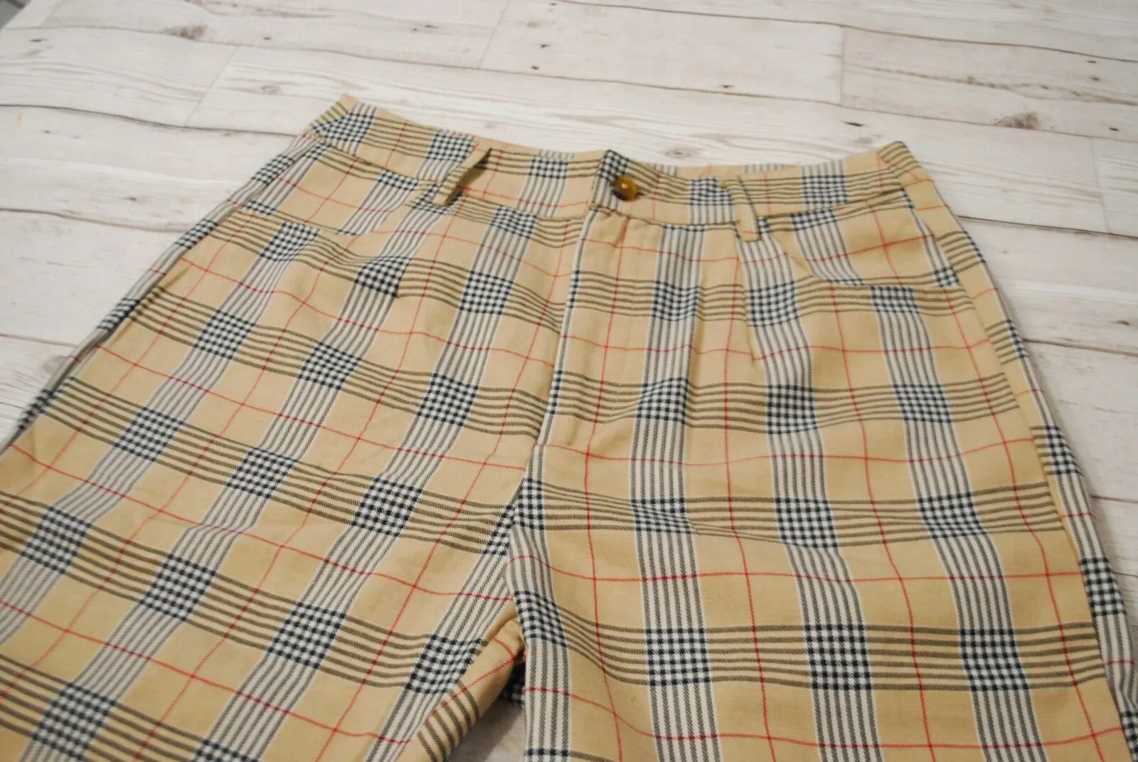 High Waist Tapered Tartan Pants Beige