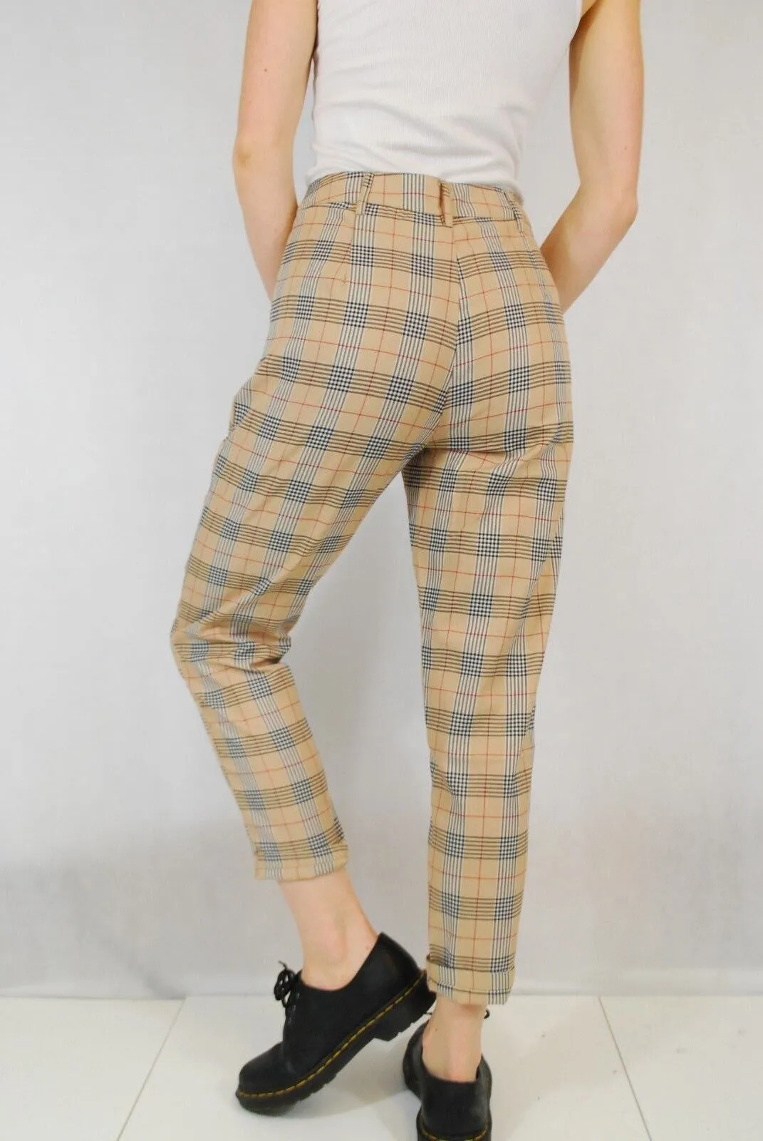 High Waist Tapered Tartan Pants Beige