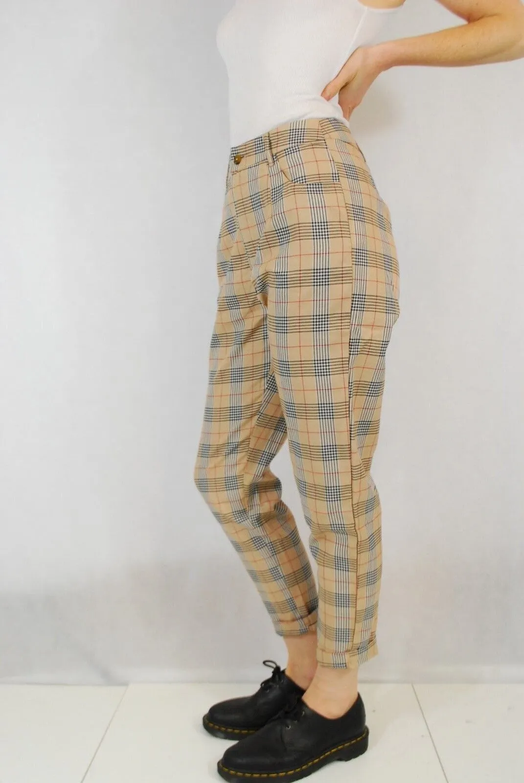 High Waist Tapered Tartan Pants Beige
