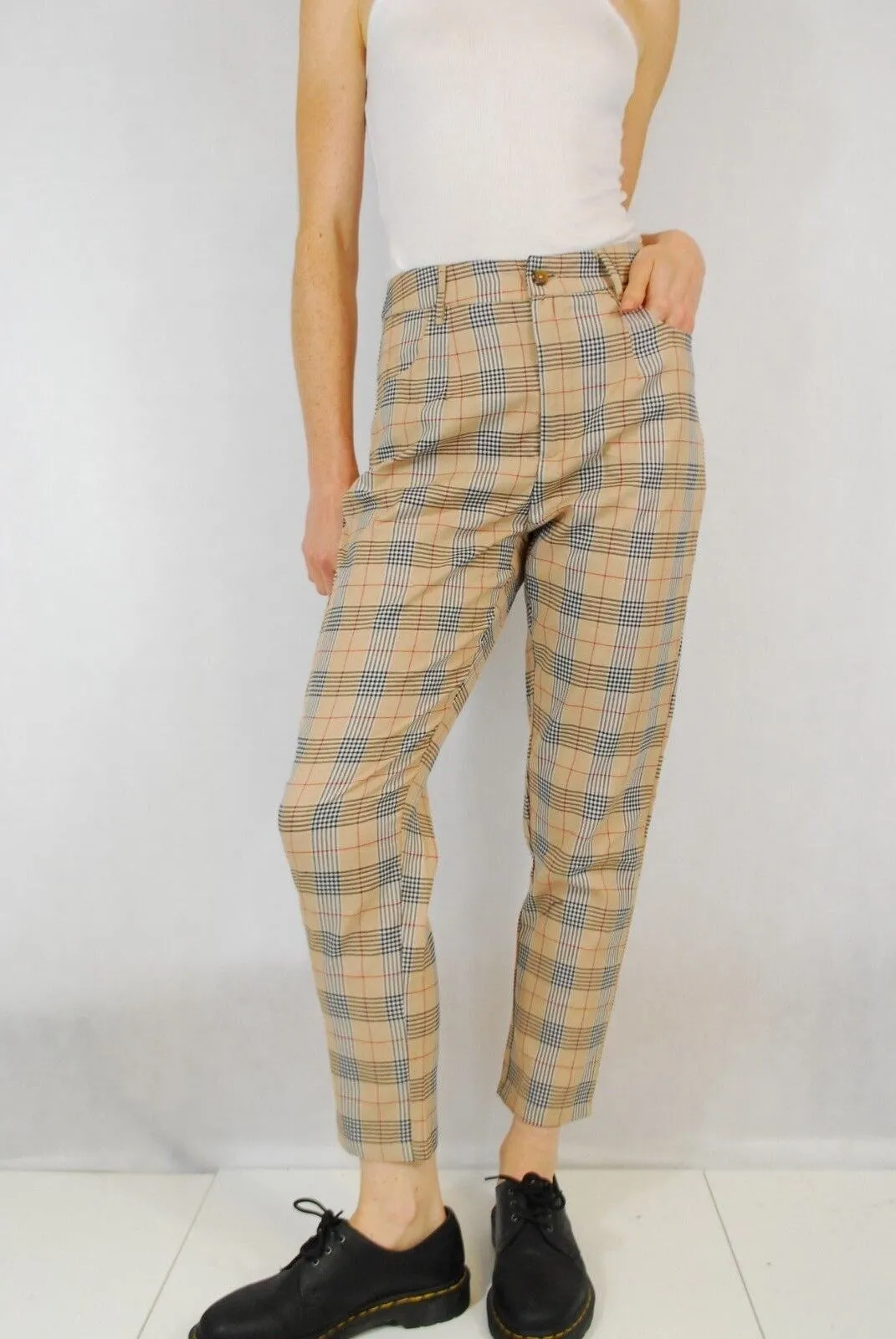 High Waist Tapered Tartan Pants Beige