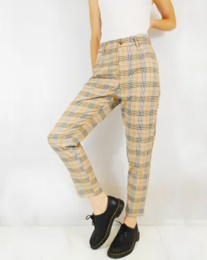 High Waist Tapered Tartan Pants Beige