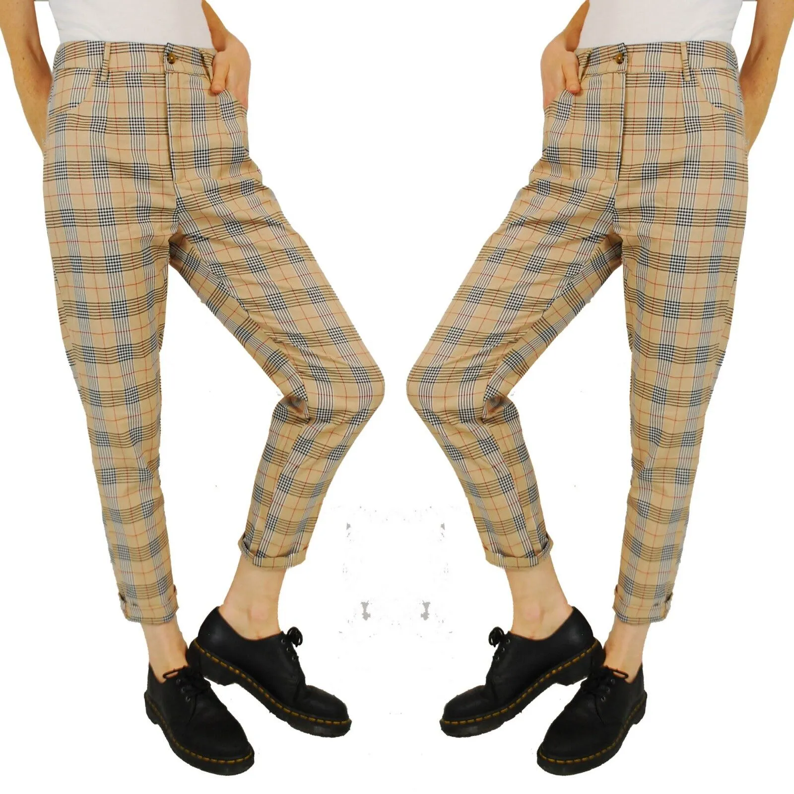 High Waist Tapered Tartan Pants Beige