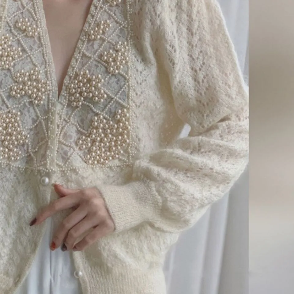 Joskaa Christmas Gift Y2K Beaded Knit Cardigan Women's V-neck Elegant Autumn and Winter Knit Top Soft Loose Women's Coat Mohair Sweater Beautiful 2024