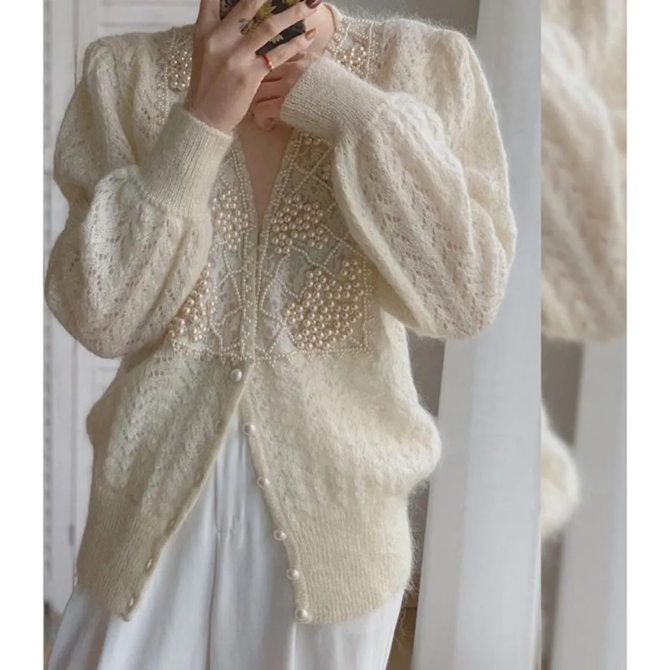 Joskaa Christmas Gift Y2K Beaded Knit Cardigan Women's V-neck Elegant Autumn and Winter Knit Top Soft Loose Women's Coat Mohair Sweater Beautiful 2024