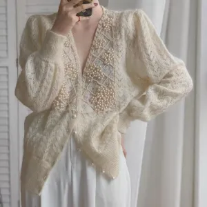 Joskaa Christmas Gift Y2K Beaded Knit Cardigan Women's V-neck Elegant Autumn and Winter Knit Top Soft Loose Women's Coat Mohair Sweater Beautiful 2024