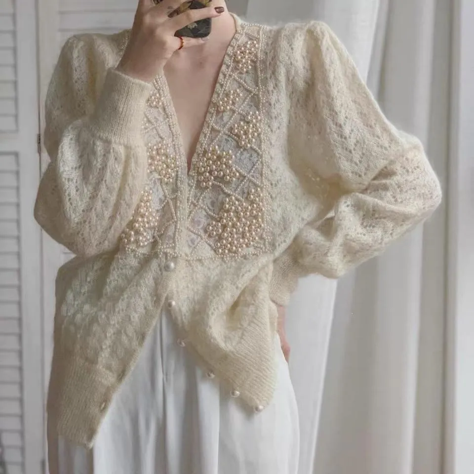 Joskaa Christmas Gift Y2K Beaded Knit Cardigan Women's V-neck Elegant Autumn and Winter Knit Top Soft Loose Women's Coat Mohair Sweater Beautiful 2024