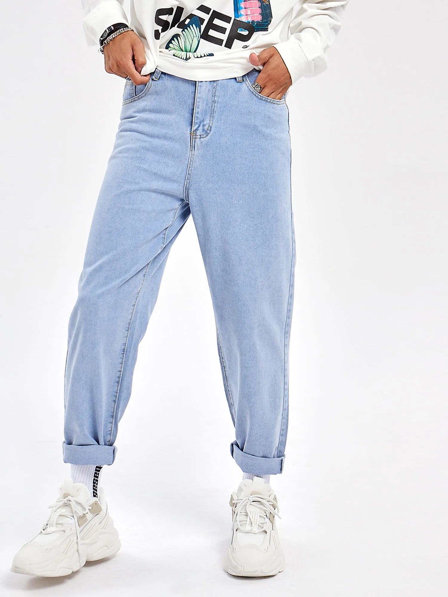 JUSTNOTAG Casual Street HipHop Print LightBlue Long Loose Jeans