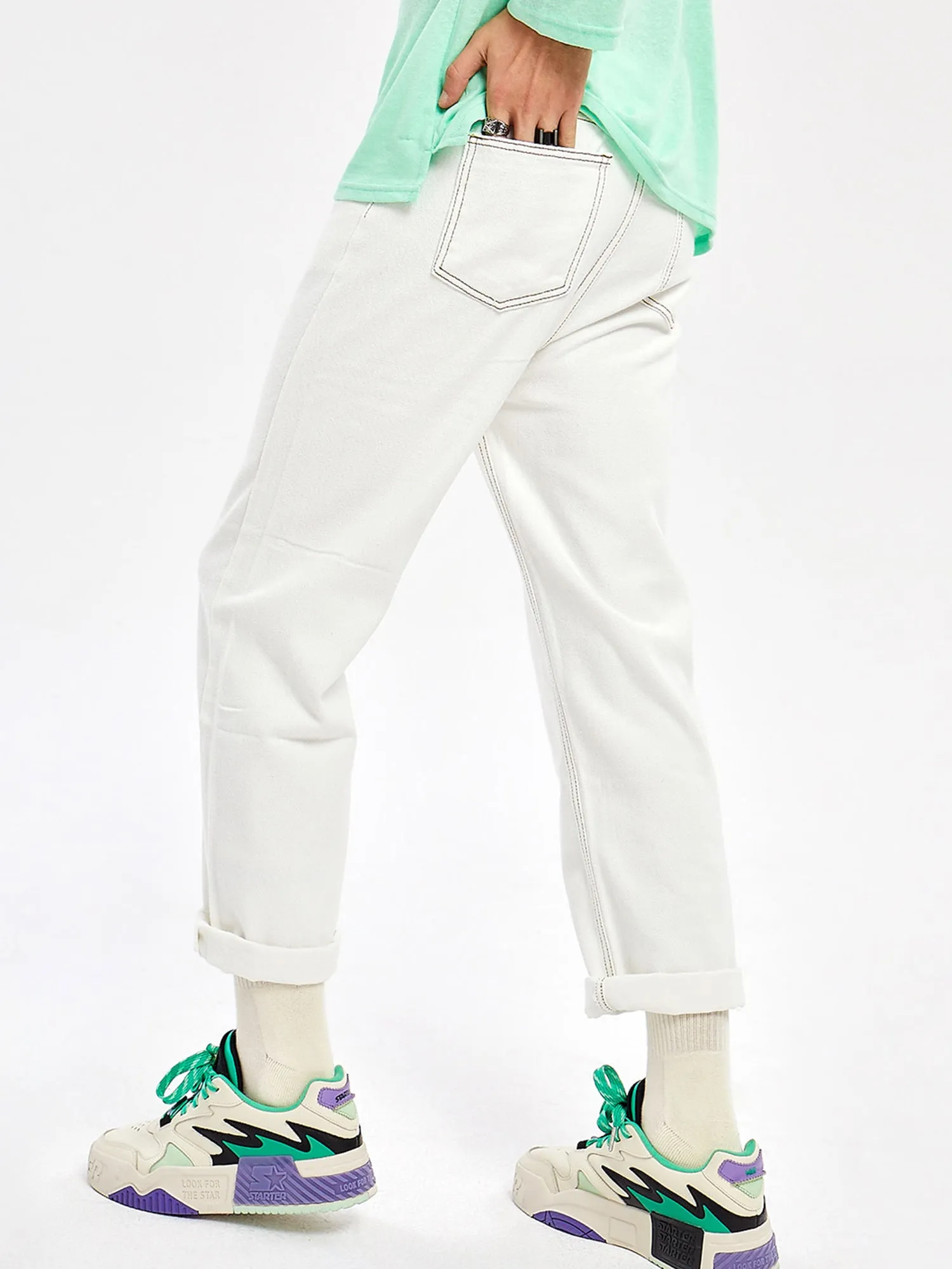 JUSTNOTAG Casual Street HipHop Print White Long Jeans