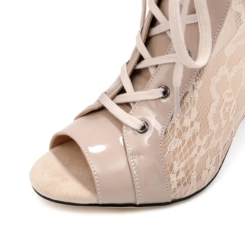 Lace Mesh Open-Toe Lace-Up Stiletto Dance Boots