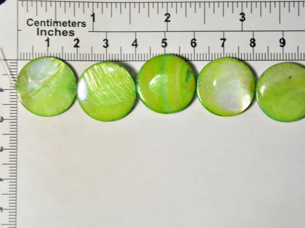 Light Green Flat Circular Designer Glass Shell Beads- 20 mm