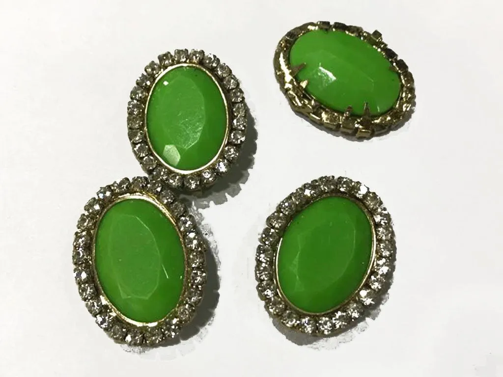 Light Green Oval Plastic Stone with Crystal Frame (28x30 mm)