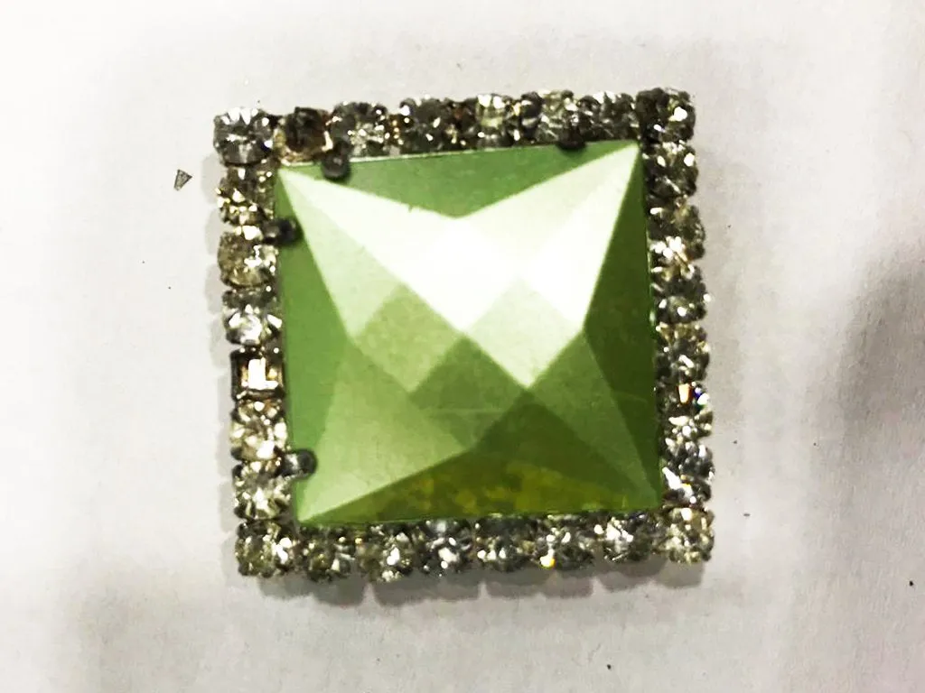 Light Green Square Plastic Stone with Crystal Frame (32x32 mm)