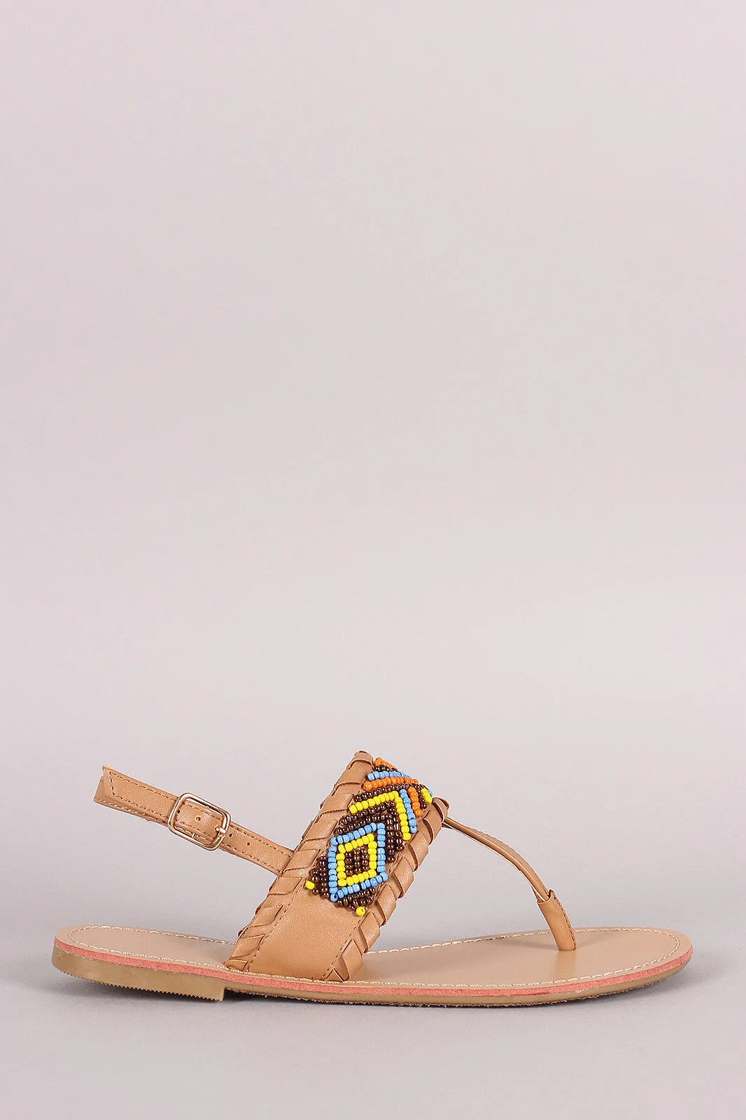 Liliana Beaded Whip Stitch T-Strap Slingback Thong Flat Sandal