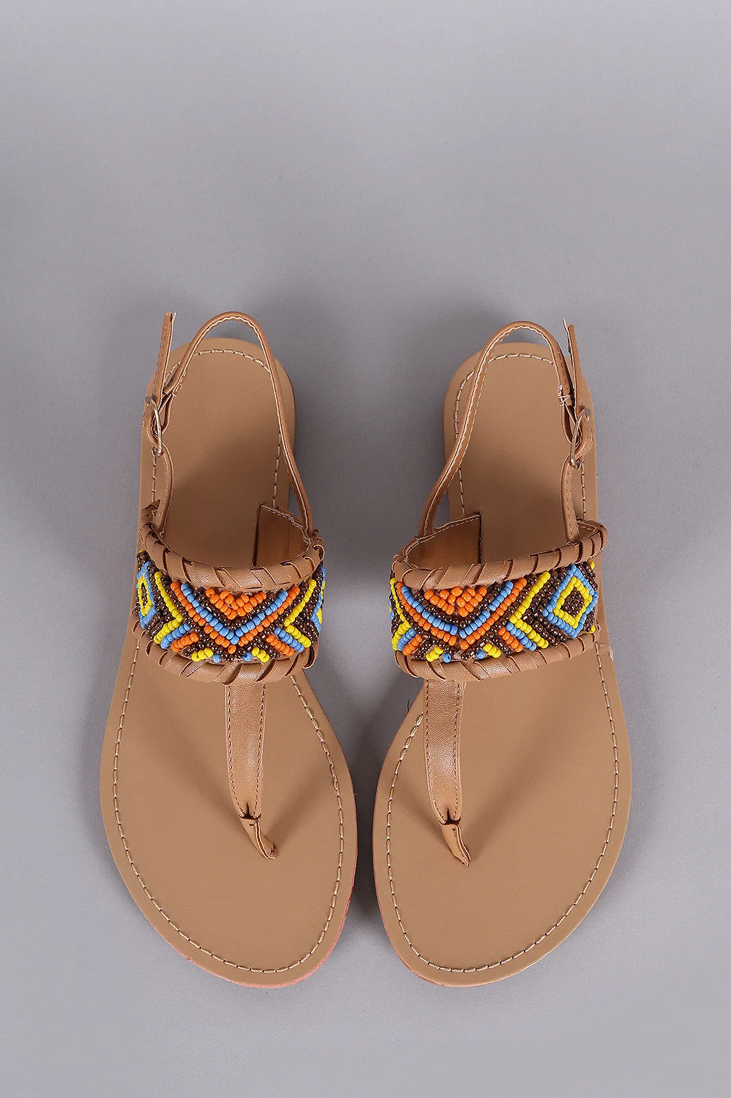 Liliana Beaded Whip Stitch T-Strap Slingback Thong Flat Sandal
