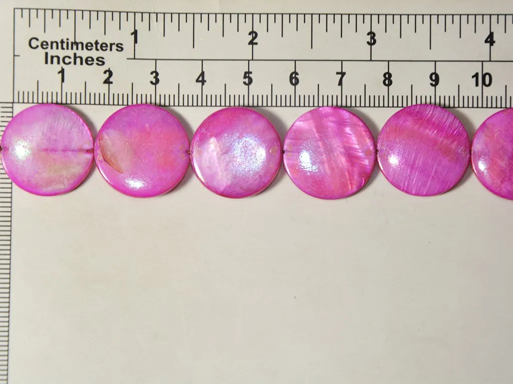 Magenta Pink Flat Circular Designer Glass Shell Beads- 20 mm