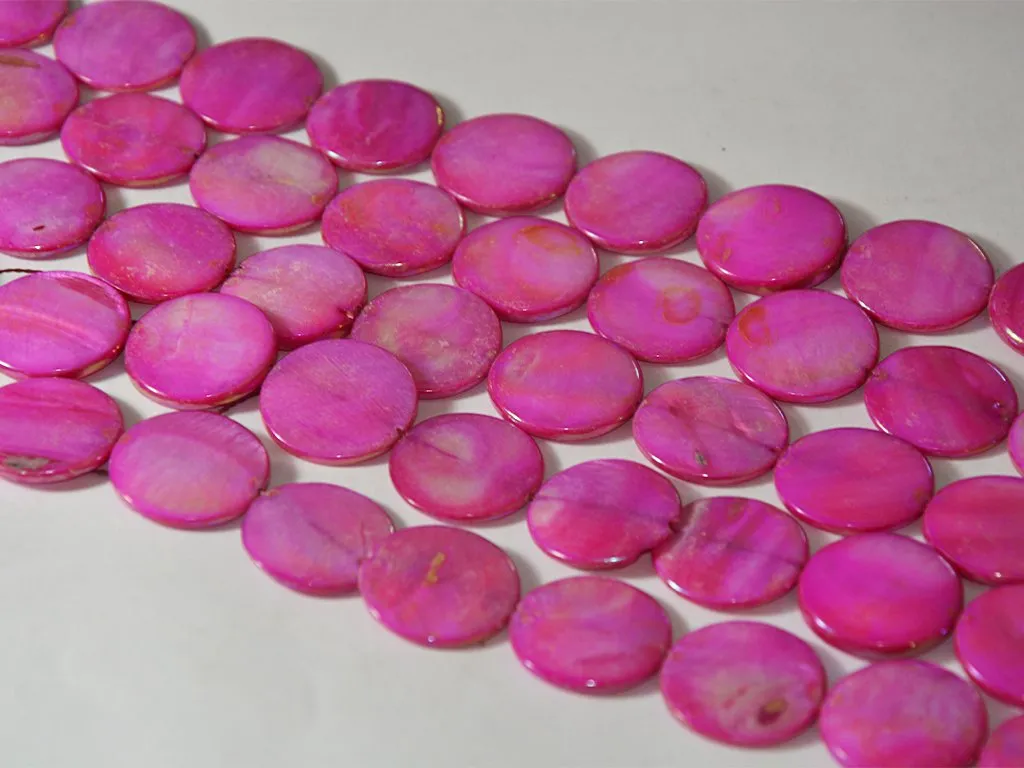 Magenta Pink Flat Circular Designer Glass Shell Beads- 20 mm