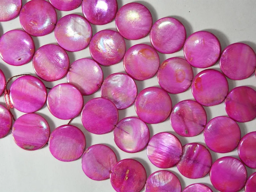 Magenta Pink Flat Circular Designer Glass Shell Beads- 20 mm