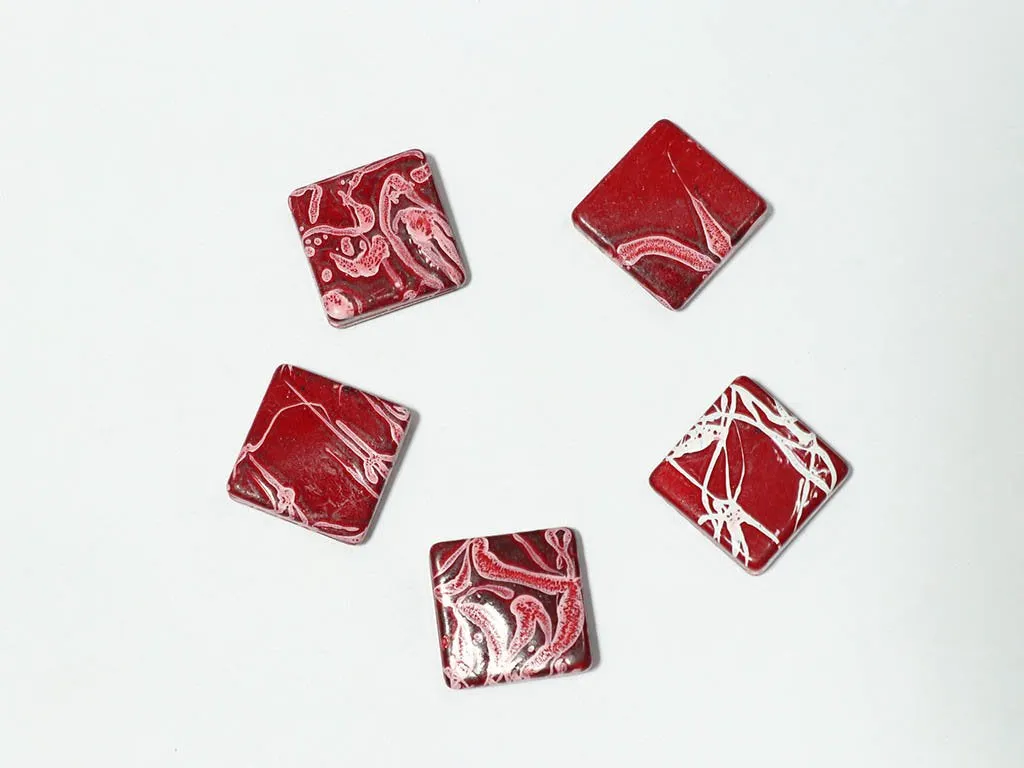 Maroon White Designer Square Plastic Beads - 22x22 mm
