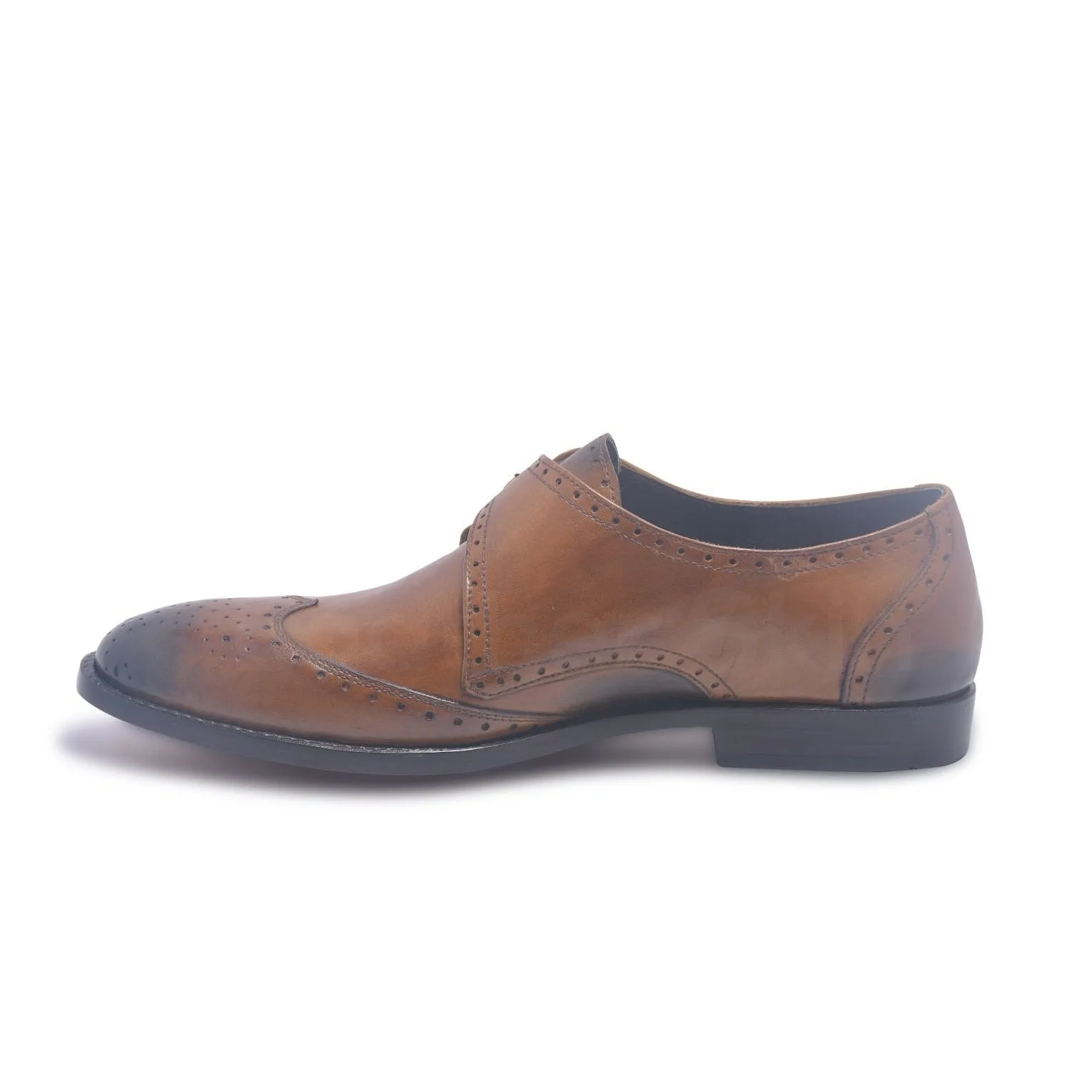 Men Brown Brogue Single Monk Strap Genuine Leather Shoes