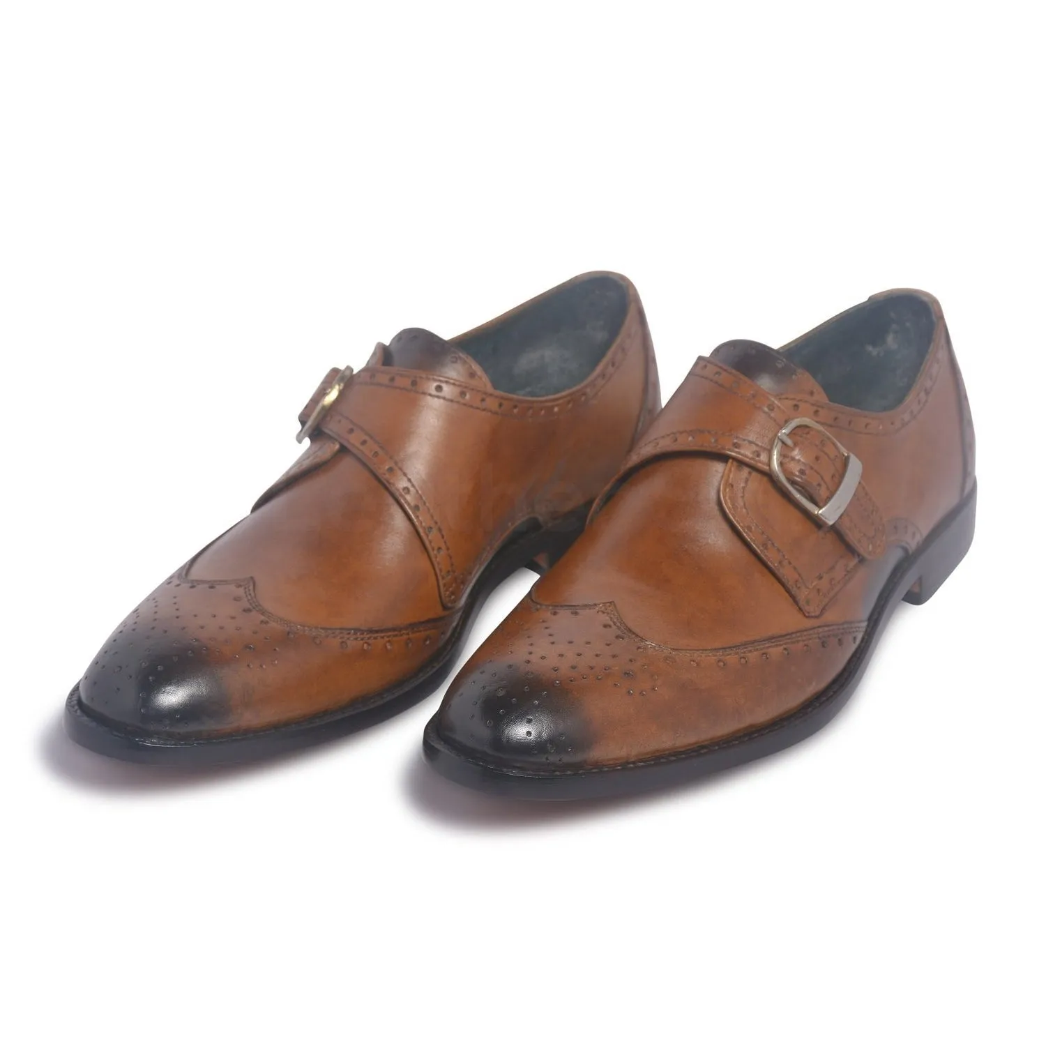 Men Brown Brogue Single Monk Strap Genuine Leather Shoes