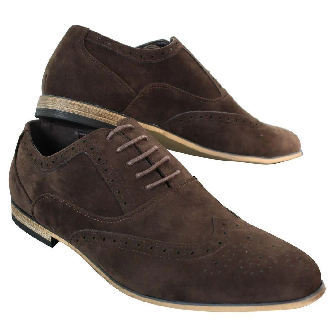Mens Suede Leather Brogues Smart Casual Red Brown Navy Black Laced Shoes Retro