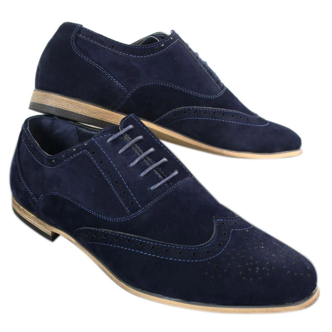 Mens Suede Leather Brogues Smart Casual Red Brown Navy Black Laced Shoes Retro