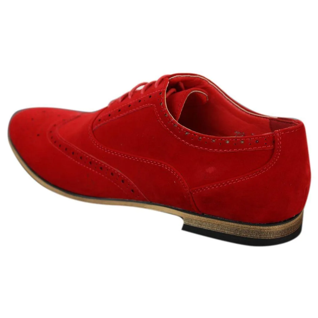 Mens Suede Leather Brogues Smart Casual Red Brown Navy Black Laced Shoes Retro
