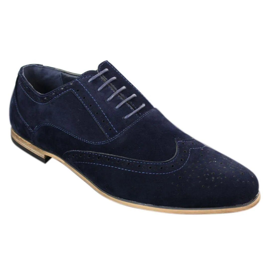 Mens Suede Leather Brogues Smart Casual Red Brown Navy Black Laced Shoes Retro