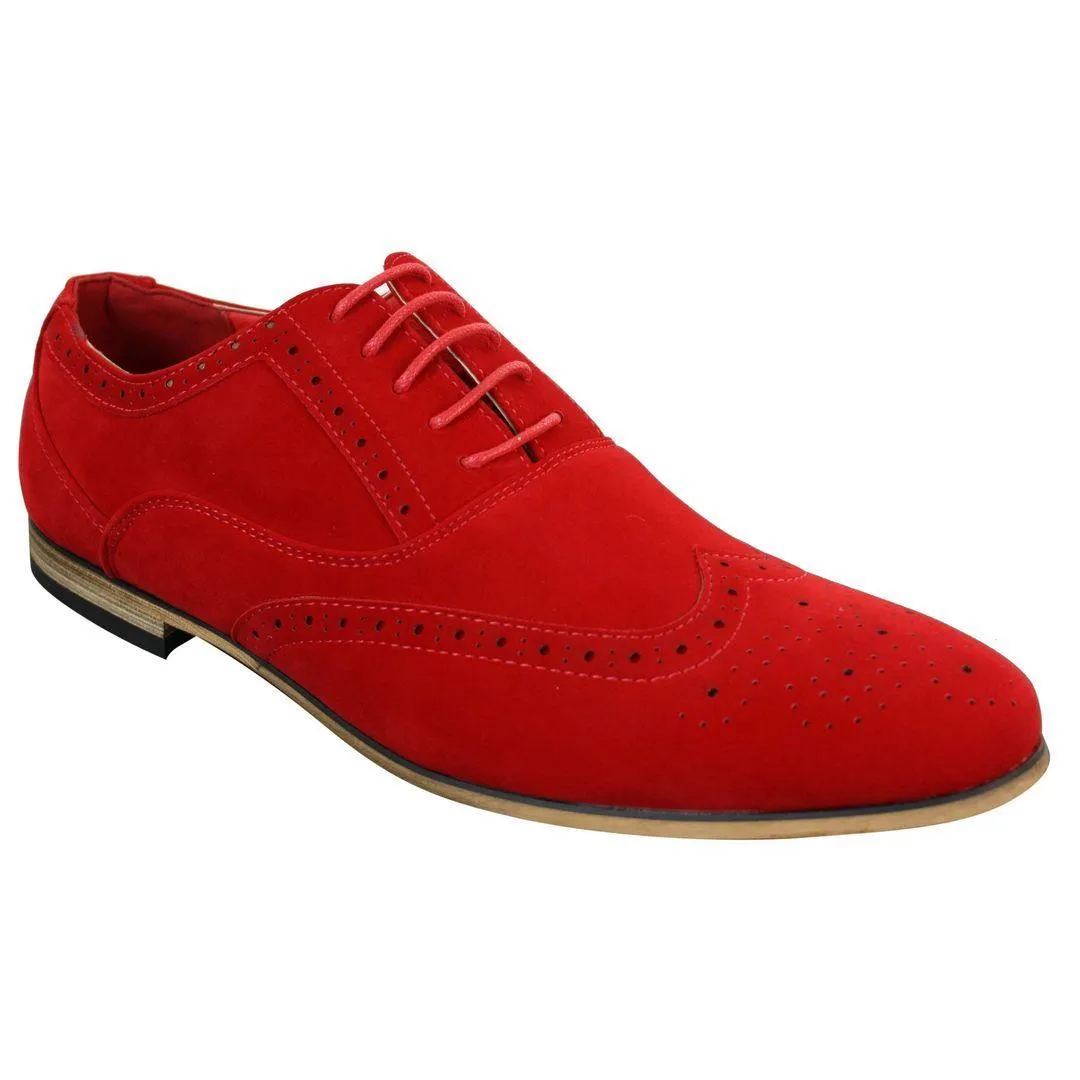 Mens Suede Leather Brogues Smart Casual Red Brown Navy Black Laced Shoes Retro