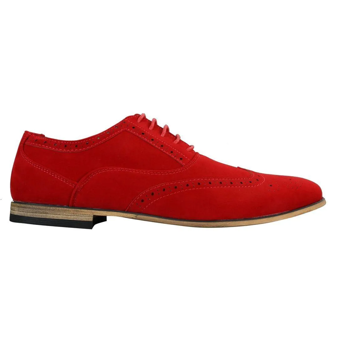 Mens Suede Leather Brogues Smart Casual Red Brown Navy Black Laced Shoes Retro