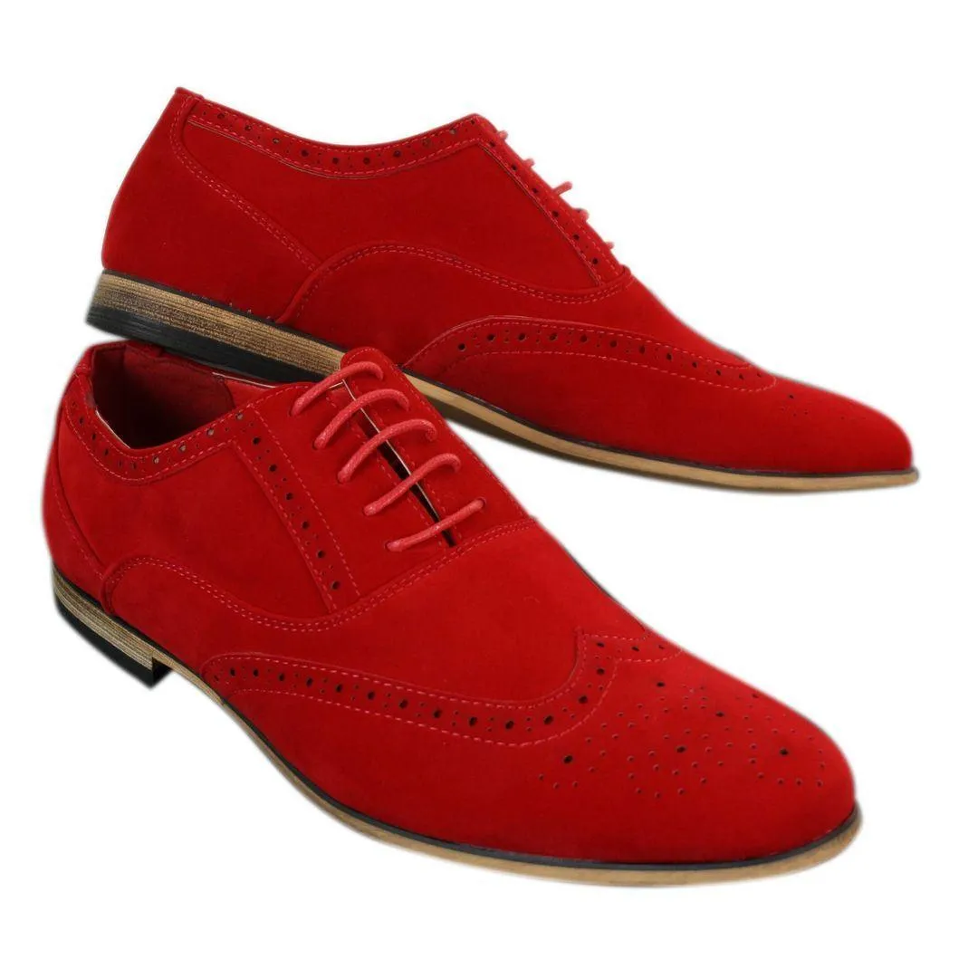 Mens Suede Leather Brogues Smart Casual Red Brown Navy Black Laced Shoes Retro