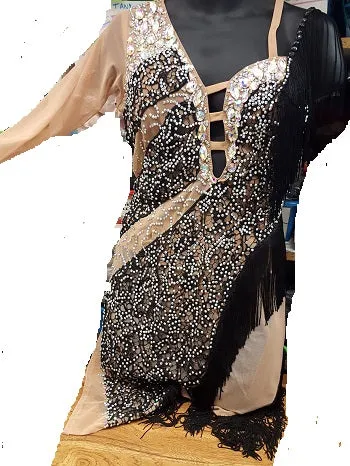 Micaela – Women's Latin Rhythm Dress – 1Pc -- Tan Flesh Mesh