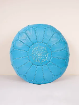 Moroccan Leather Pouffe, Aegean Blue