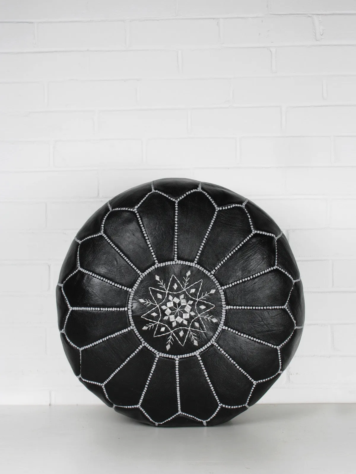 Moroccan Leather Pouffe, Black and Silver