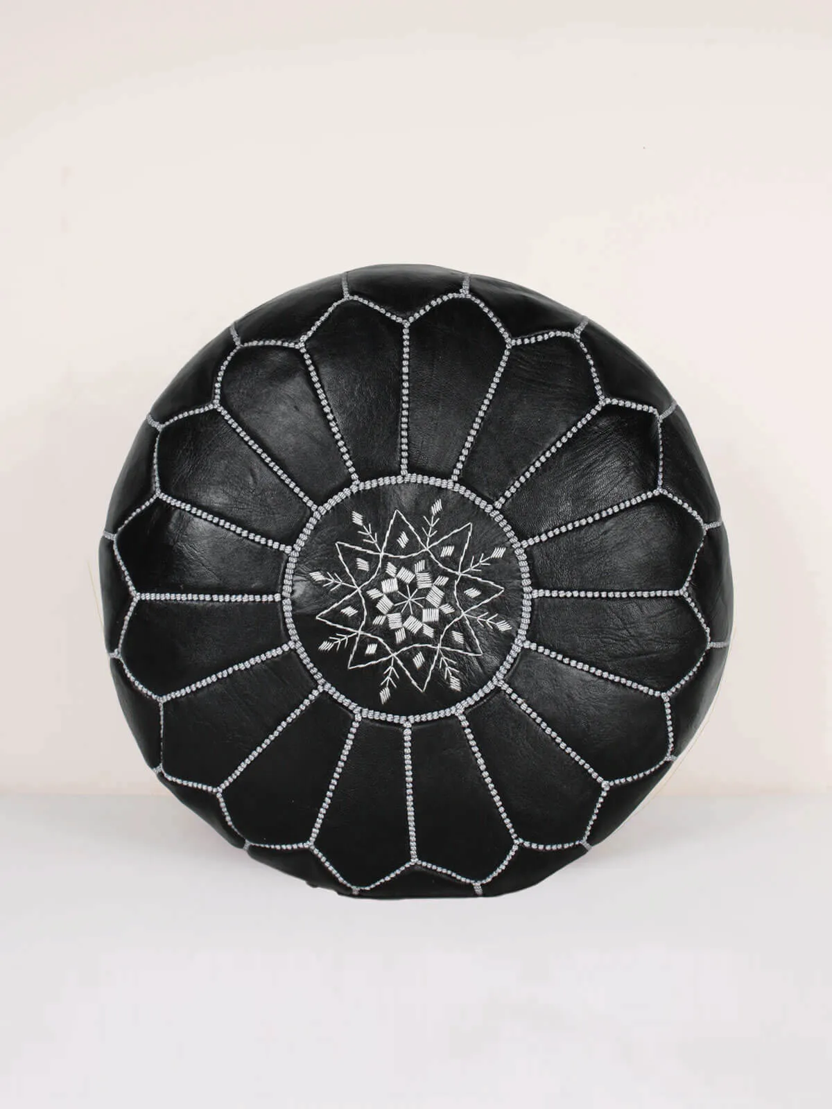 Moroccan Leather Pouffe, Black and Silver