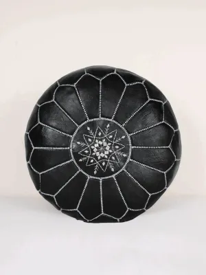Moroccan Leather Pouffe, Black and Silver