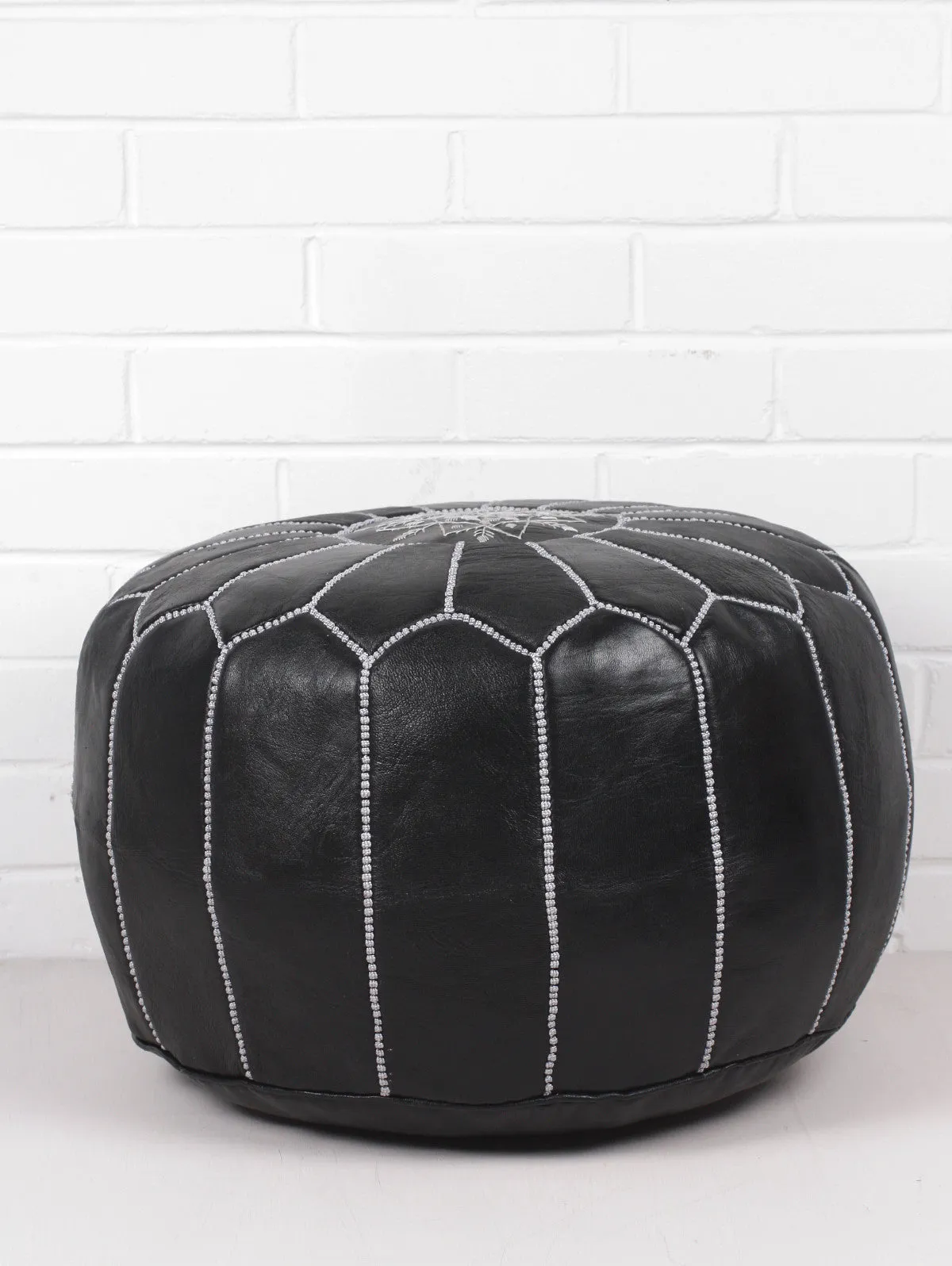 Moroccan Leather Pouffe, Black and Silver