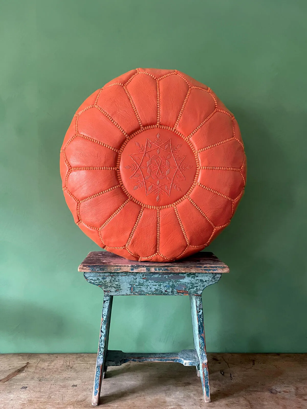 Moroccan Leather Pouffe, Deep Orange