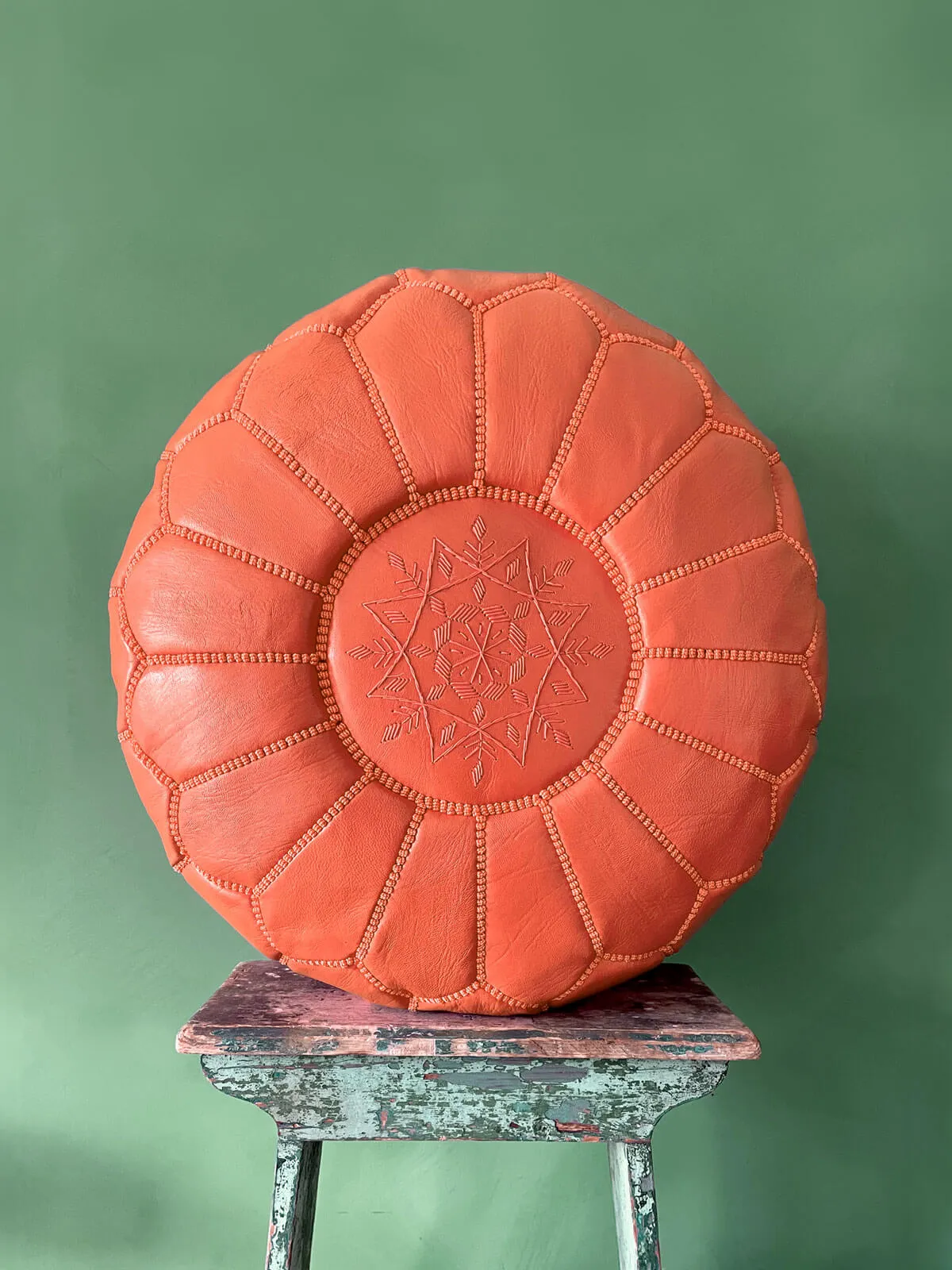 Moroccan Leather Pouffe, Deep Orange